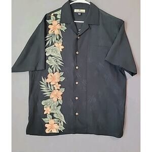 Tommy Bahama Silk Shirt M Black Floral Palm Hula Girl Back Aloha EUC